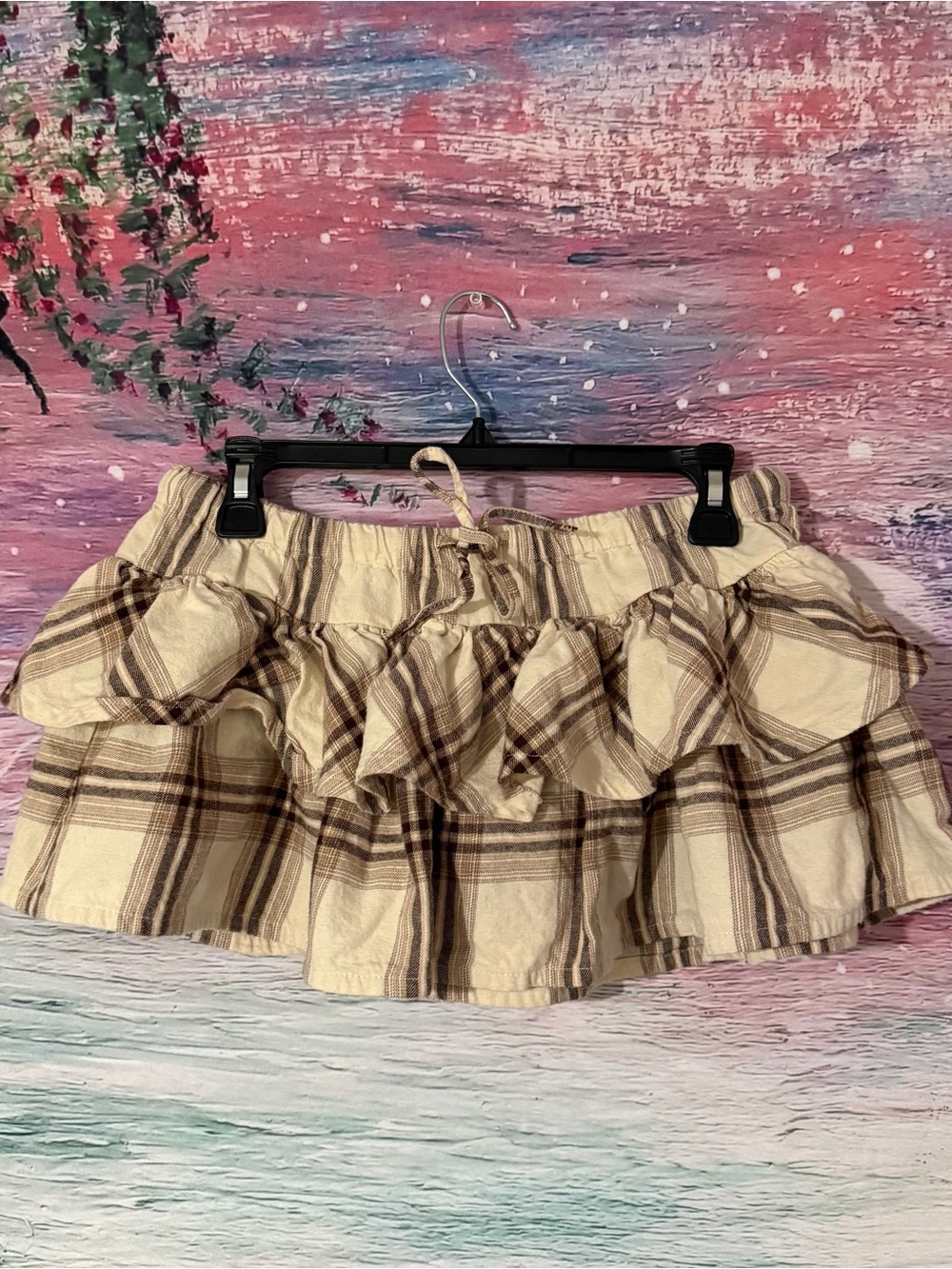 Beige Plaid Ruffled Mini Skirt - Women